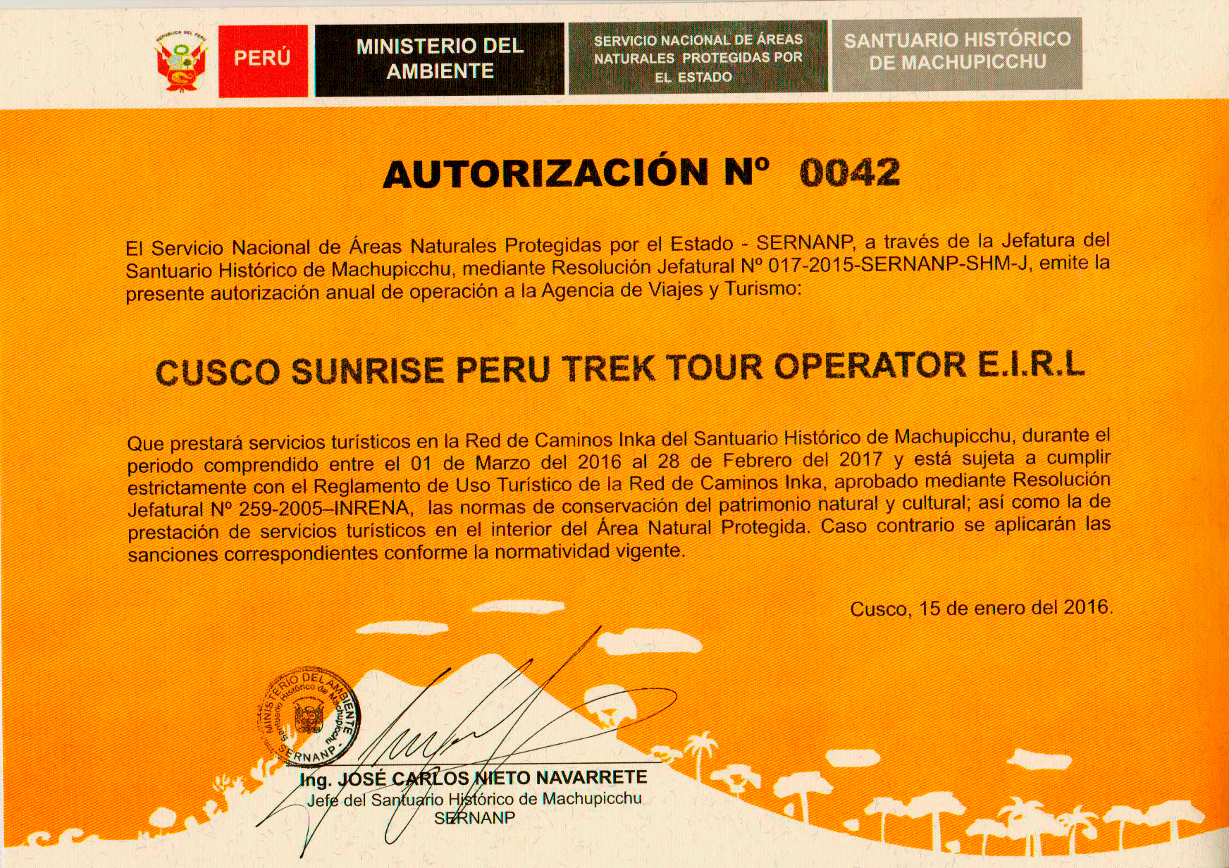 Certificado de Operador Turistico Sunrise Peru Trek